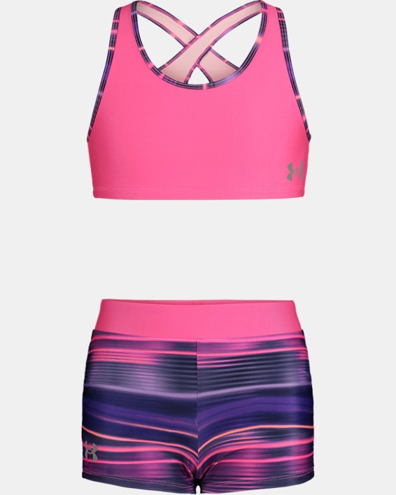 Girls' UA Beam Stripe Racerback Top & Boyshort 2-Piece Swim Set, Pink, pdpMainDesktop image number 0
